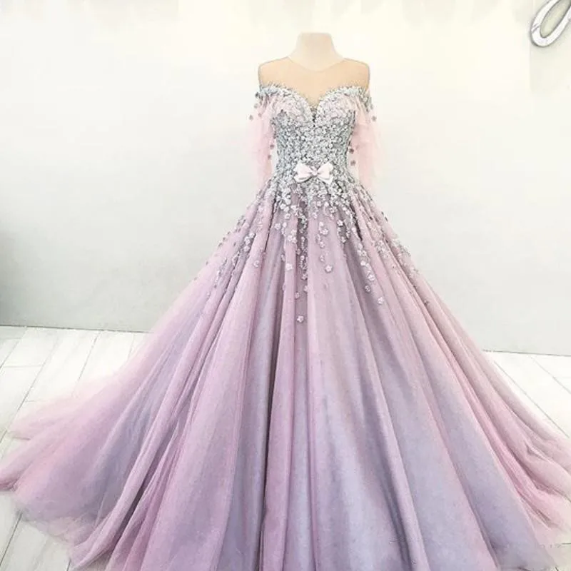 robe de soiree Dubai Evening Dresses Lavender vestido de festa longo Beaded Formal Gown Evening Dress Long Sleeves abendkleider