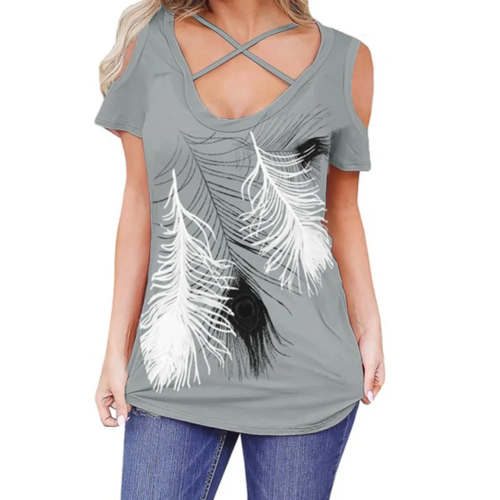 

2019 Women Loose Type T-Shirt O-Neck Feather Printed Soft Strapless Off Shoulder Short-Sleeved Tops S-5XL Big Yards