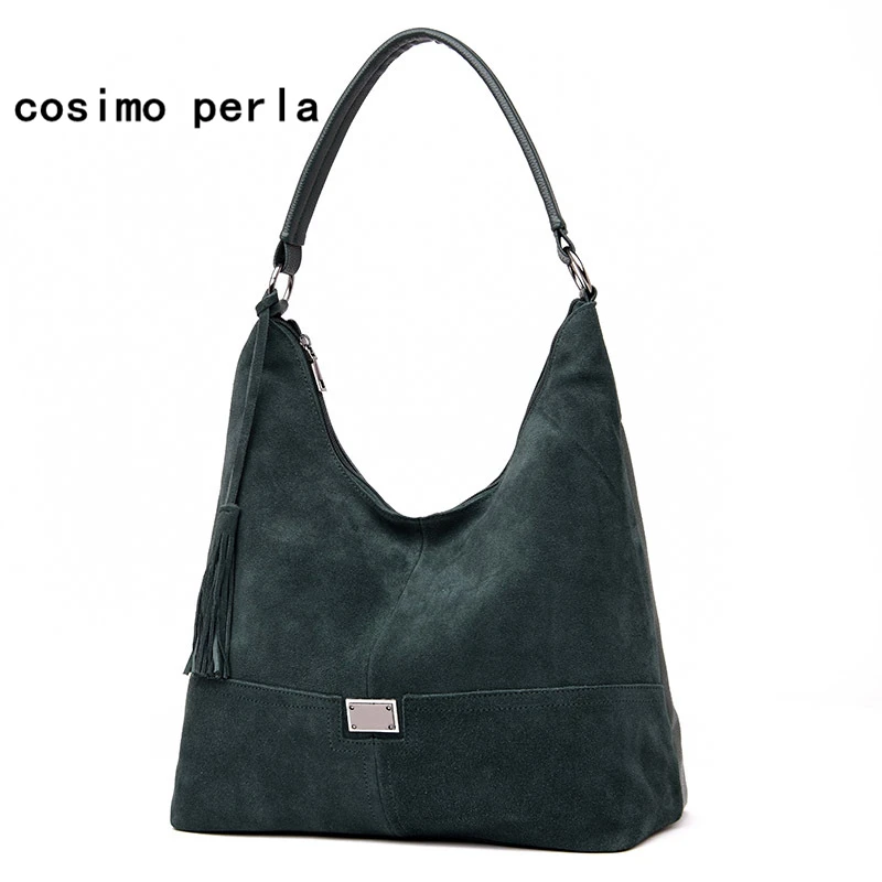 Винтажная модная замшевая кожаная ручная сумка для женщин, одноцветная вместительная сумка с кисточками, брендовая дизайнерская вместительная сумка на плечо - Цвет: green