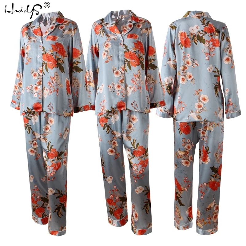 Пижамный комплект в горошек, Весенняя Пижама, шелковые пижамы с длинным рукавом, комплекты со штанами для женщин, атласная Домашняя одежда с принтом, Feminino