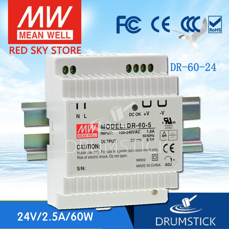 

MEAN WELL DR-60-24 24V 2.5A meanwell DR-60 60W Single Output Industrial DIN Rail Power Supply [Hot6]