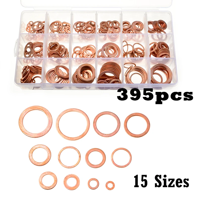 

395pcs 15Sizes Gaskets Seal Flat Ring Sump Plug washer Set with Case High Quality Assorted Solid Copper Crush Washers Kit