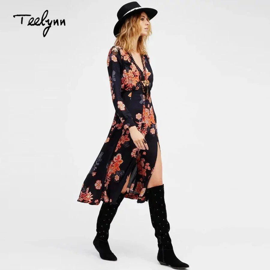 

TEELYNN Boho long dress rayon black floral print long sleeve drsses Mesh embroidery sexy Side Split dresses women dress vestido