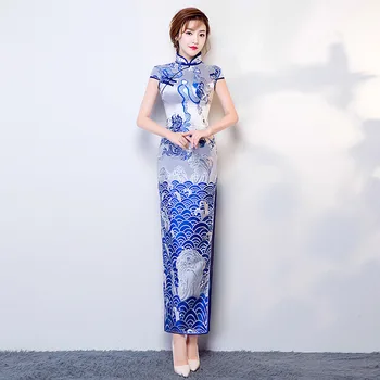 

2020 Blue Satin Long Cheongsam Chinese National Lady Dragon Qipao Handmade Button High Split Sexy Dress S M L XL XXL A-118