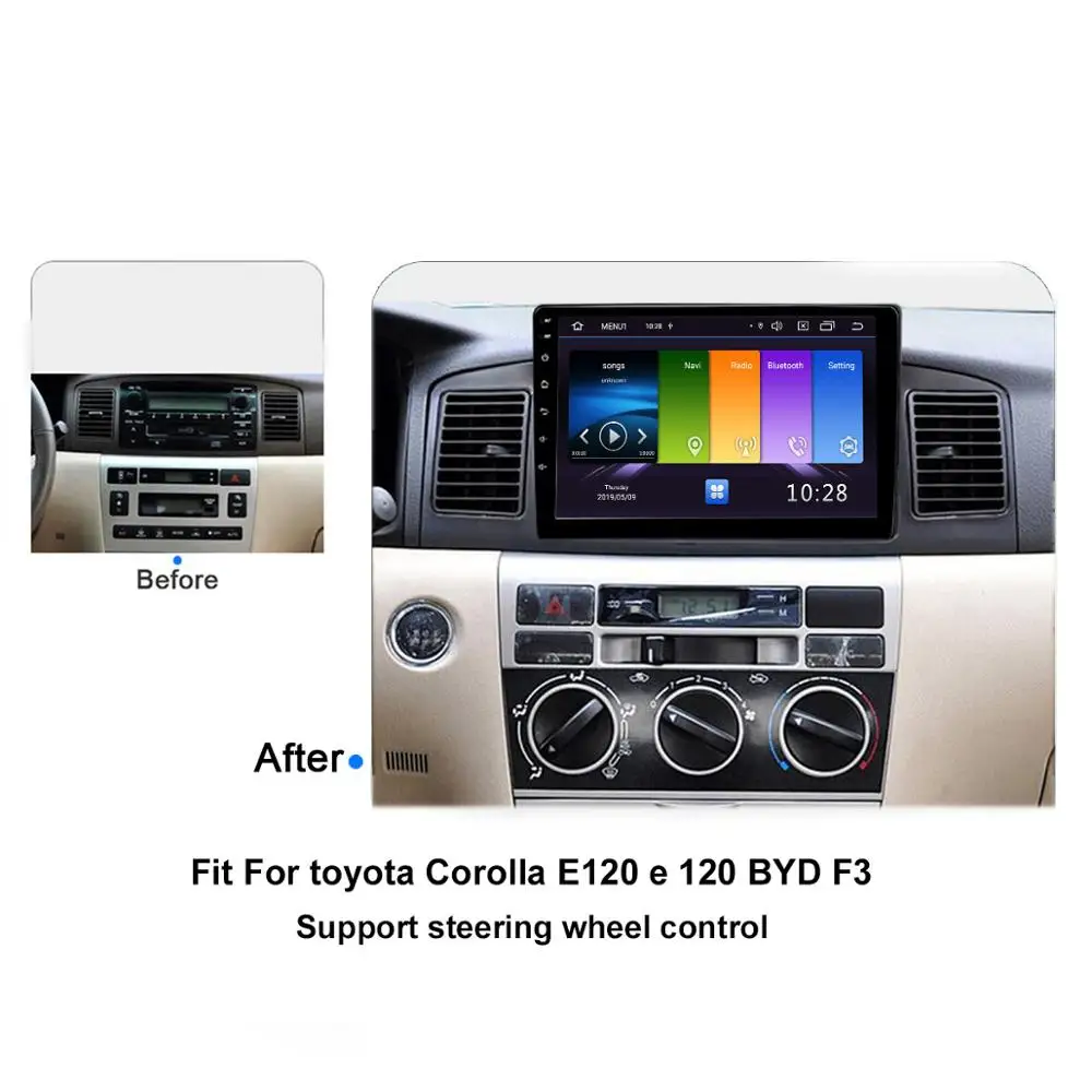 Perfect FUNROVER car dvd multimedia player android9.0 2.5D+IPS For TOYOTA Corolla E120 BY car radio gps navigation stereo tape recorder 1