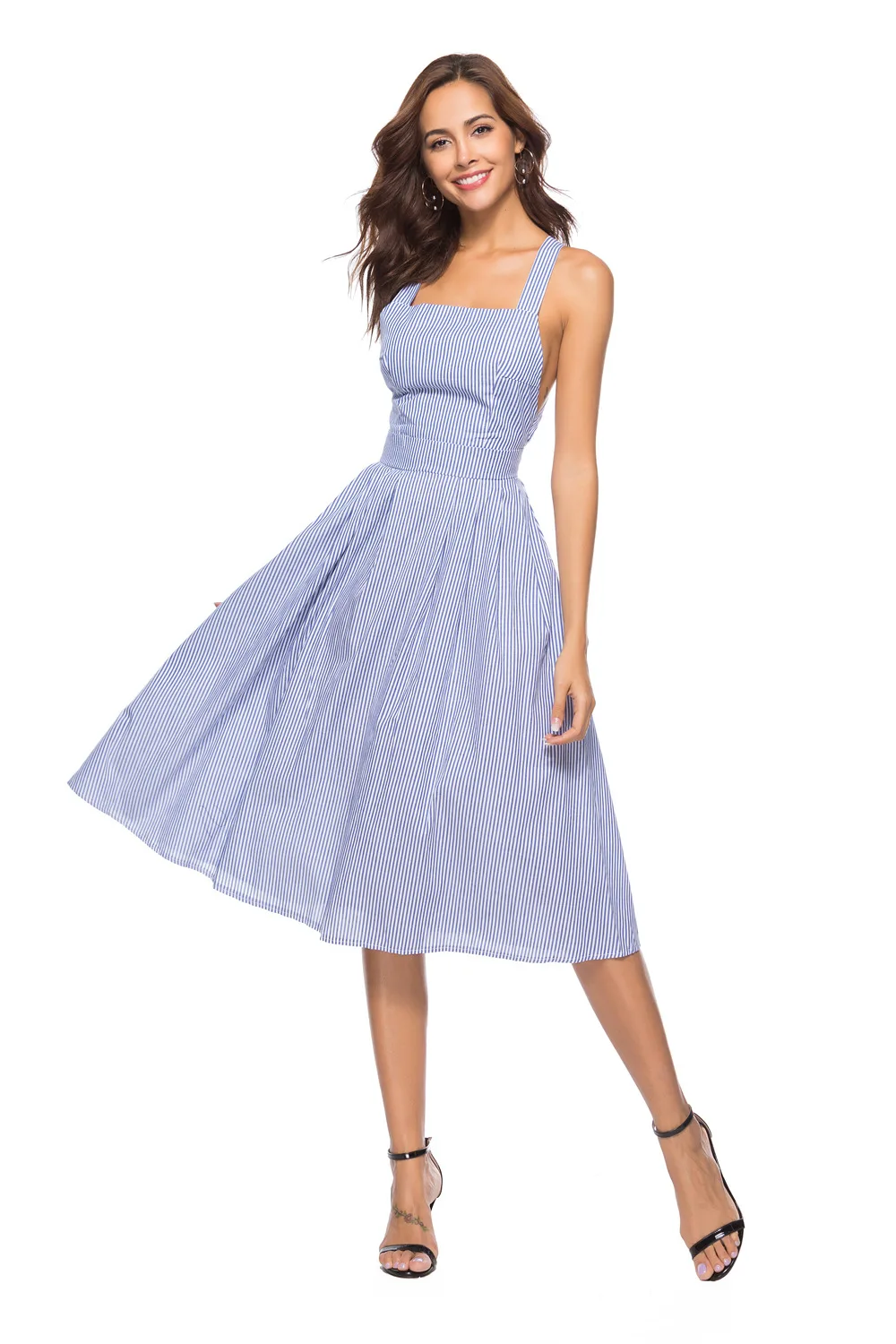 2018 Summer Light Blue Striped Halter Neck Dress Backless  Cross shoulder strap  Sexy striped dress Free Shipping