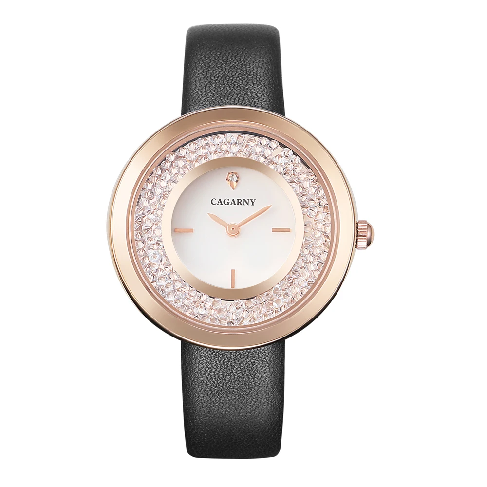 

Japan Quartz Movement High Quality 36mm Luxury Brand Cagarny Women Vogue Leather Strap Rose Gold Crystal Waterproof Ladies Watch