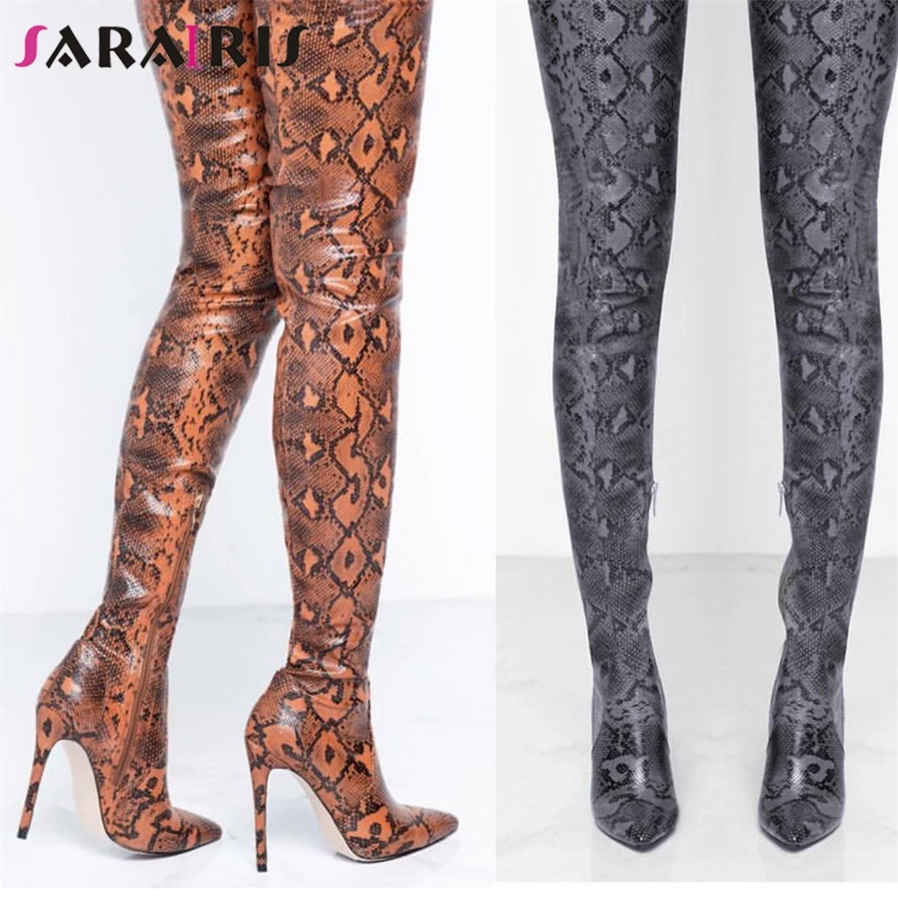 

SARAIRIS Thigh High Over The Knee Boots For Women Shoes Snakeskin Pointed Toe Super Thin High Heels Long Boots Bottine Femme