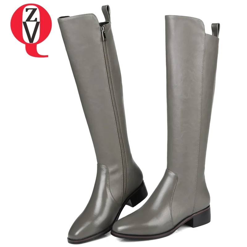 

ZVQ women shoes 2018 winter new fashion square toe high quality genuine leather med hoof heels outside warm zip knee high boots