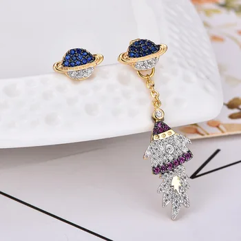 

New Planet Rocket Space AB Stud Earrings for Women Gold Color Cubic Zirconia Asymmetric Earrings Monaco Girl Earring