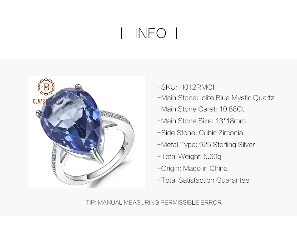 GEM'S балетное 925 пробы Серебряное коктейльное кольцо 10.68Ct натуральный иолит синий мистический кварцевый камень кольца для женщин ювелирные украшения