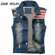 Мужской джинсовый жилет, винтажный потертый ковбойский джинсовый жилет, модные куртки без рукавов, принт со звездой и флагом, майки размера плюс M-3XL