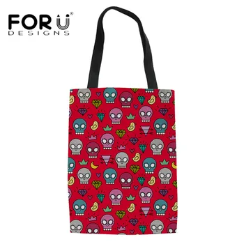 

FORUDESIGNS 2019 Punk Skulls Head Printing Women Summer Beach Handbags Red Linen Tote Bags Female Folding Canvas Bolsa Feminina
