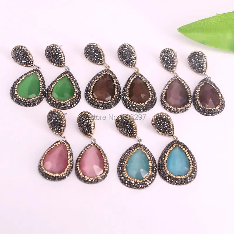 

5Pairs Fashion Nature 2017 Faceted Cat Eye Stone Drop Earrings,with Crystal Zircon Paved Charm Dangle Earrings