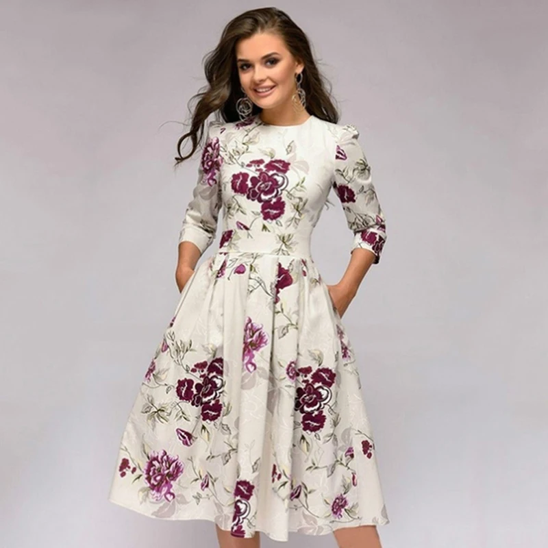 المرأة عارضة الطباعة ألف خط اللباس أنيقة سبعة الربع كم منتصف العجل Vestidos الإناث الربيع الخريف اللباس لا جيوب