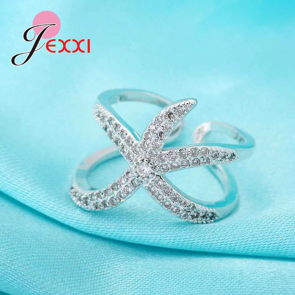 JEXXI Newest Original S90 Silver Adjustable Ring Big Starfish Paved Shiny White Crystals Opening Rings Women Accessory