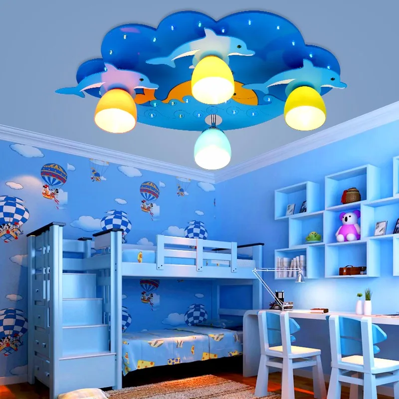 Детская Светодиодная лампа с дистанционным управлением, детский синий потолочный светильник, персональный детский потолочный светильник с дельфином, Деревянный светильник для мальчиков, спальни, CL042