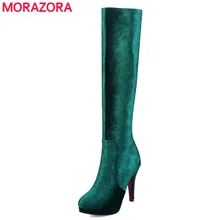 MORAZORA/ ; Новинка года; Модные Шелковые сапоги до колена; женские зимние сапоги с круглым носком на платформе и высоком каблуке; женская обувь; размер 44
