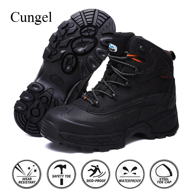 

Cungel High quality Men Safety shoes Steel toe cap Leather Work boots Military Combat boots Outdoor Hiking boots Waterproof