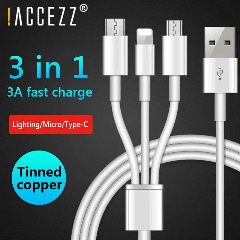 ACCEZZ 3 в 1 USB кабель для iPhone X 7 зарядное устройство с микро usb type C 8Pin порт 3A Быстрая зарядка для Xiaomi huawei кабели