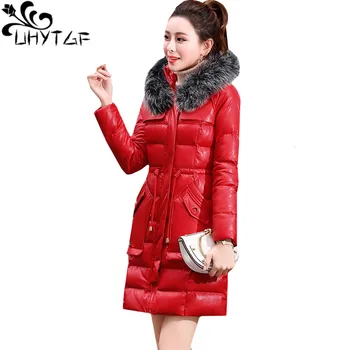 

UHYTGF Winter jacket Women Cotton Coat luxury PU leather Down jacket Warm Outerwear fox Fur collar Hooded Slim leather coats 54