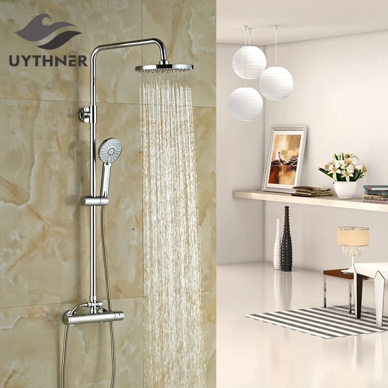 

Uythner Newly 8" Thermostatic Shower Set w/ Handheld Shower Chrome Finished Shower Mixer Faucet Wall Mounted