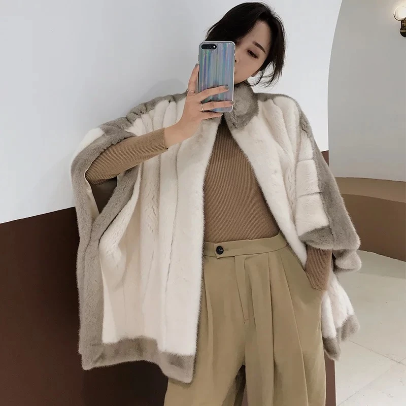 Luxury Women Real Mink Fur Coat White Genuine Poncho Winter Female Jacket Full Pelt Real Fur Shawl Natural Mink Fur Cape Coat