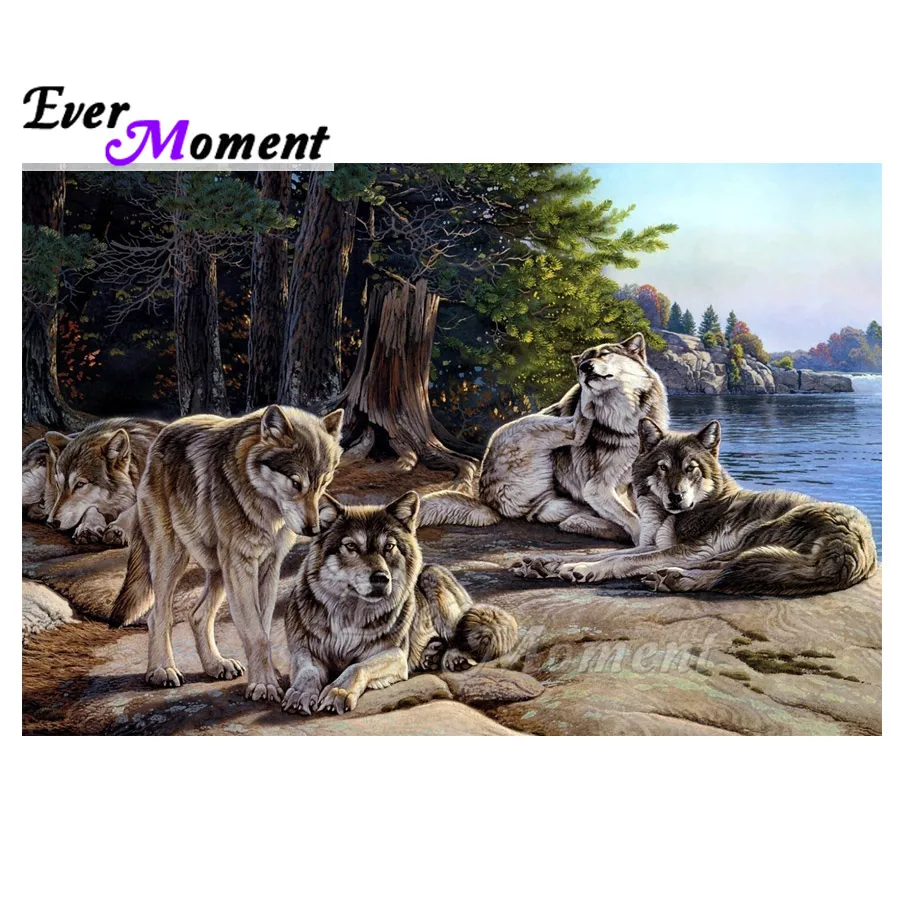 

Ever Moment Diamond Painting Wolves Trees River Picture Of Rhinestone 5D DIY Mosaic Full Square Drill Diamond Embroidery ASF1580