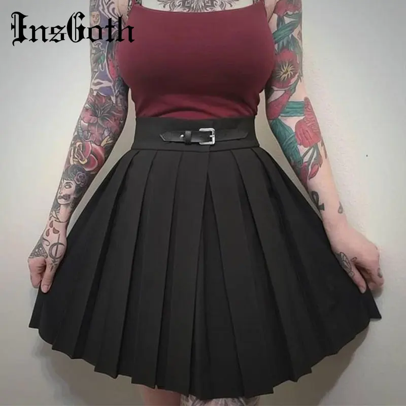 

Women Pleated Skirts Harajuku Solid Black Lattice High Waist Punk Skirts Summer Slim Belt Casual Streetwear Female Short Skirts