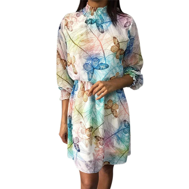 

Women Dresses Autumn Long Sleeve Turtleneck Beautiful Butterfly Print Casual Loose Dress Summer Ladies Clothing 2019