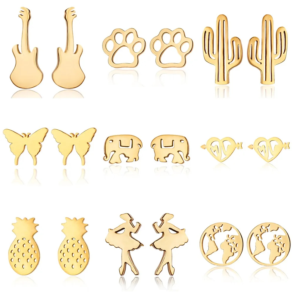 

2019 Simple Trendy Gold Geometric Stud Earring Cat claw Pineapple Butterfly Dancer Earrings For Women Jewelry Gifts Summer Hot