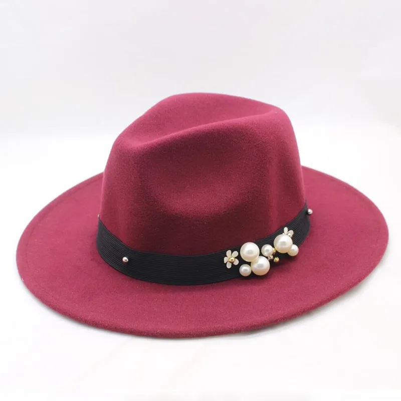 

SUOGRY Wool Wide-brim Floppy Felt Trilby Fedora For Elegant Womem Ladies Winter Fall Pearl knot Cashmere Church Hat