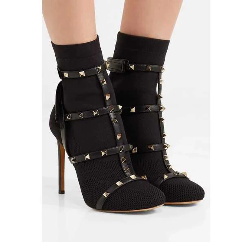 

New Hook&Loop Rivets Stud High Heels Women Pumps Stretch Knitting Slim Ankle Boots T Strap Punk Style Round Toe Botas Femininas