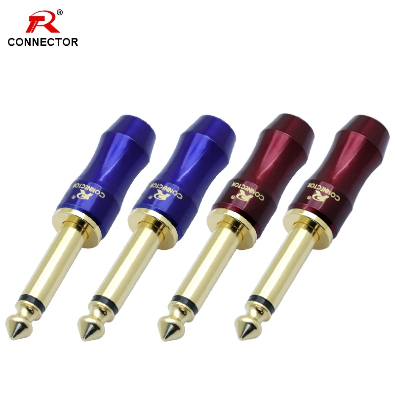 

1pc 6.35mm Jack Mono Sophomore Core Connector Plug 6.3mm Connector Amplifier Microphone Gold Plated Red+Blue Color R Connector