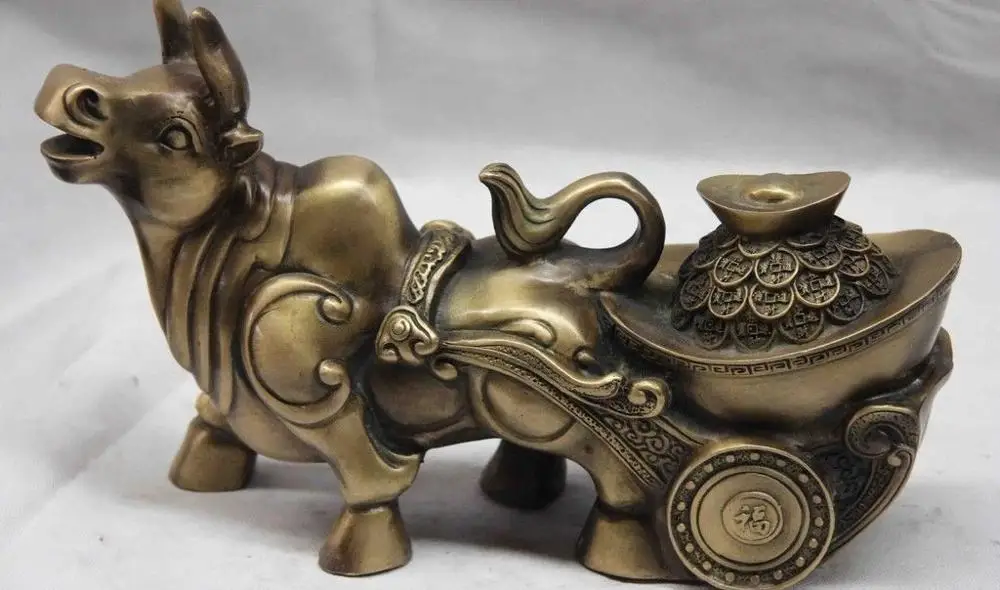 Китай Медь Бронзовый Yuanbao богатство деньги бык тяге корзину КОРОВА Bull ОХ скота статуя