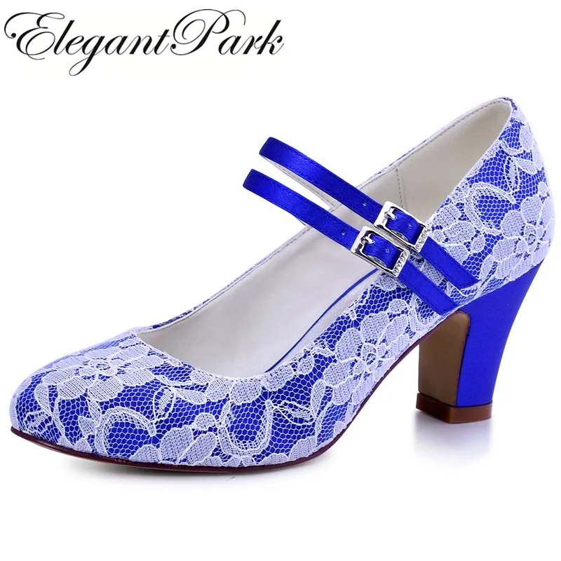 

HC1701-C Woman Wedding Bridal Shoes Blue block Heel Closed Toe Mary Jane Lace Bride Lady Bridesmaid Prom Party Pump Purple Black