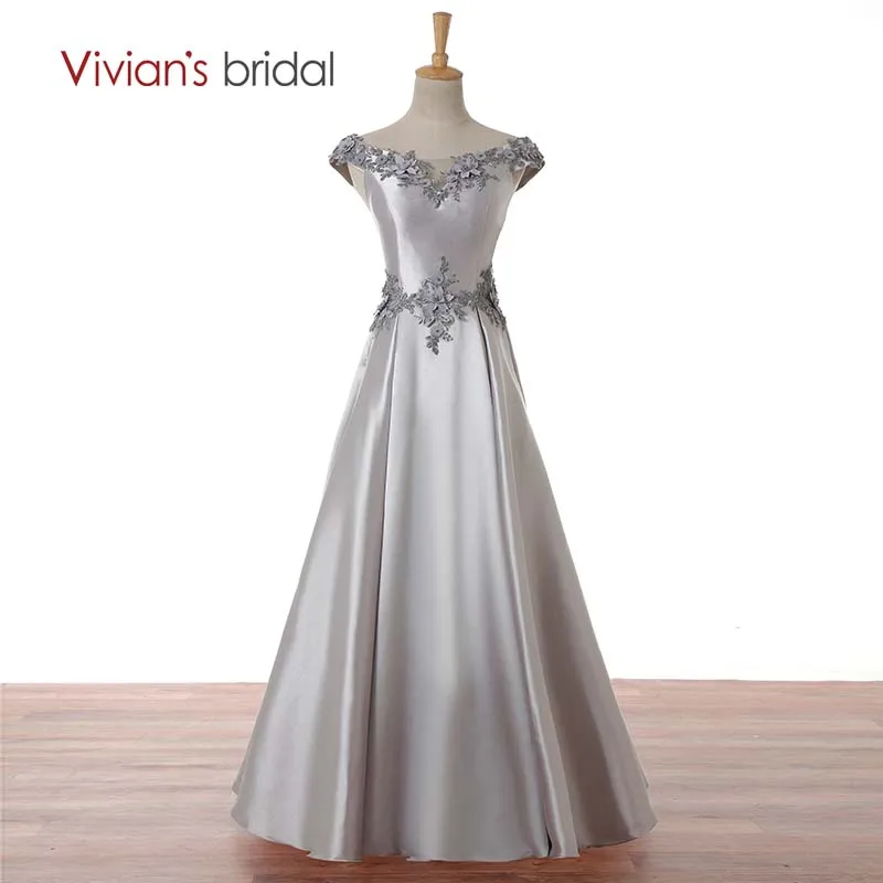 

Vivian's Bridal Scoop Neck Cap Sleeve Satin Evening Dress A Line Lace Appliques Beaded Formal Evening Gown