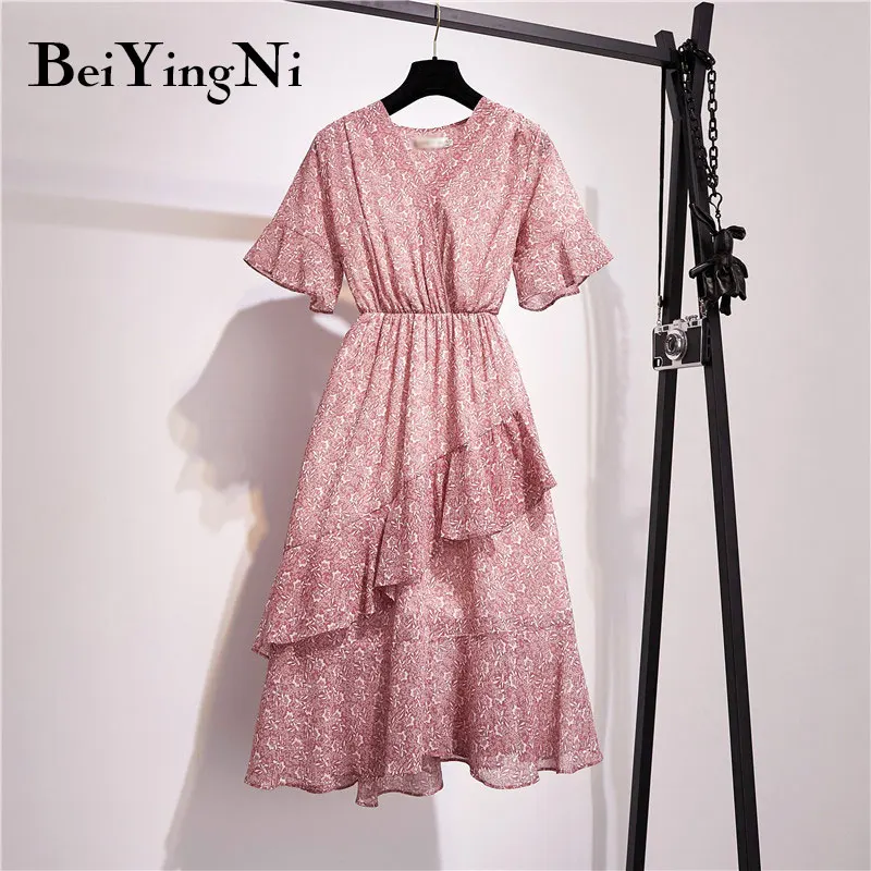 Beiyingni летнее асимметричное шифоновое платье для женщин с v-образным вырезом и цветочным принтом в горошек, лоскутное платье, женское шикарное богемное пляжное корейское платье - Цвет: 1