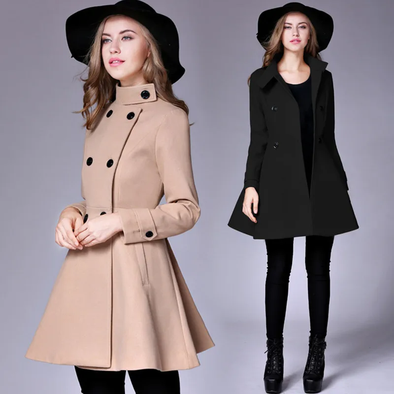 

New Autumn Winter Women Coat Plus Size Fashion Stand Collar Slim Solid Double Breasted Woolen Blends Coat For Women Outerwear