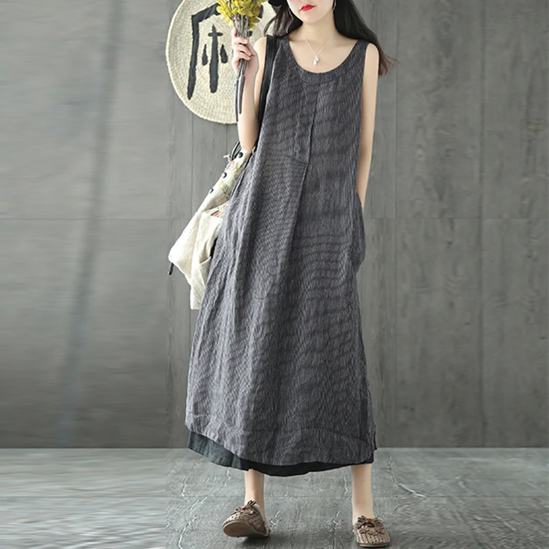 

ZANZEA 2019 Summer Women O Neck Striped Pockets Loose Linen Tank Vestido Solid Casual Party Sleeveless Kaftan Midi Dress S-5XL
