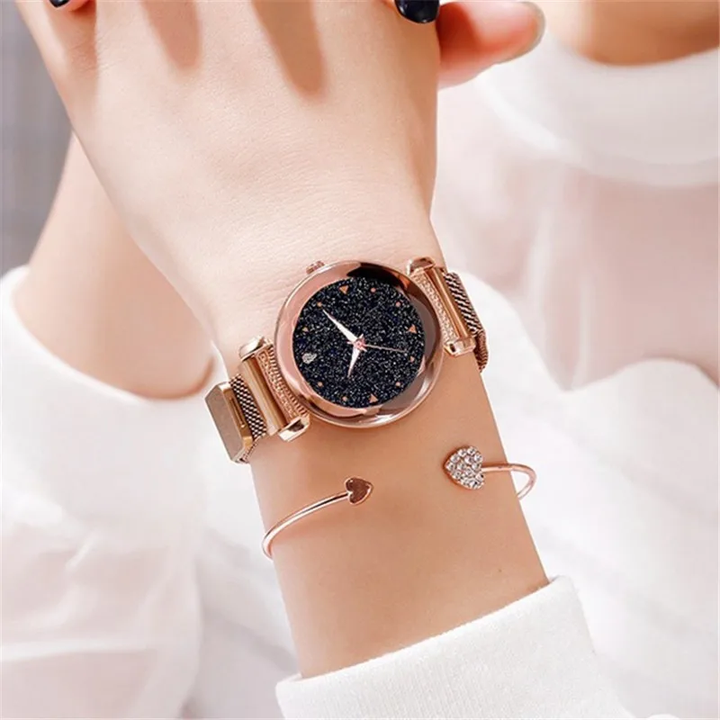 

2019 Rose Gold Luxury Flower Mirror Women Watches Ladies Starry Sky Magnetic Watch Fashion Casual Waterproof Female Clock Gift