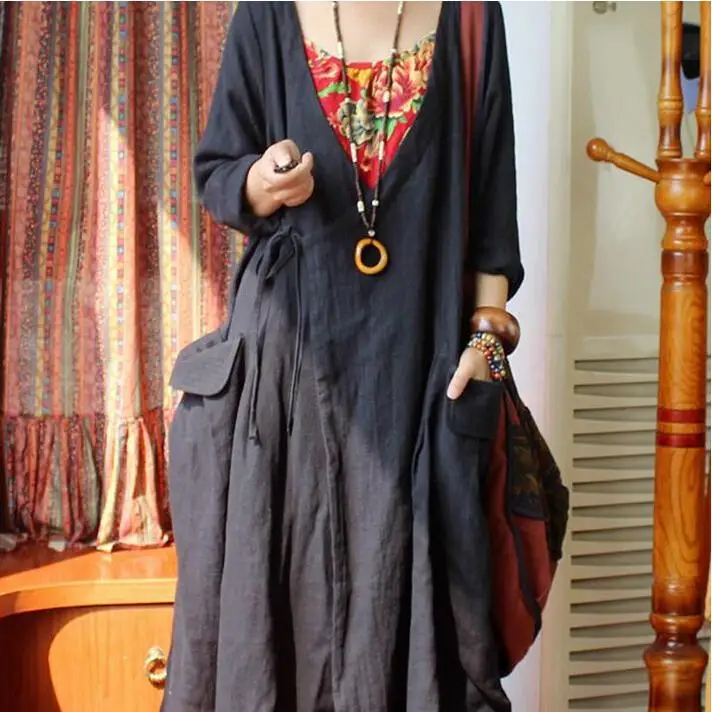 

Johnature 2019 New Women Plus Size Original High-end Washing Linen Texture Large Pockets V-collar Leisure Trench Coat With Belt