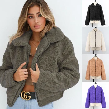 

Lanshifei Top Sale Style Parka Faux Lamp Fur Coat WinterFashion Short Jacket With Size Pockets Coat Winter Women Faux Fur Coat