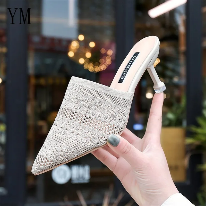

019 New Summer Breathable Slipper hollow out of Fashion Pointed Toe Sandals Transparent Thin Heels 7CM Lazy Platform Heels Shoes