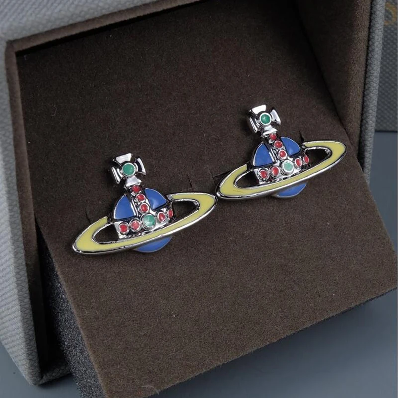 

XIAOJINGLING 6Colors Enamel Crystal Rhinestone Saturn Earrings Silver Plated Planet Stud Earring Women Girl's Jewelry Gifts
