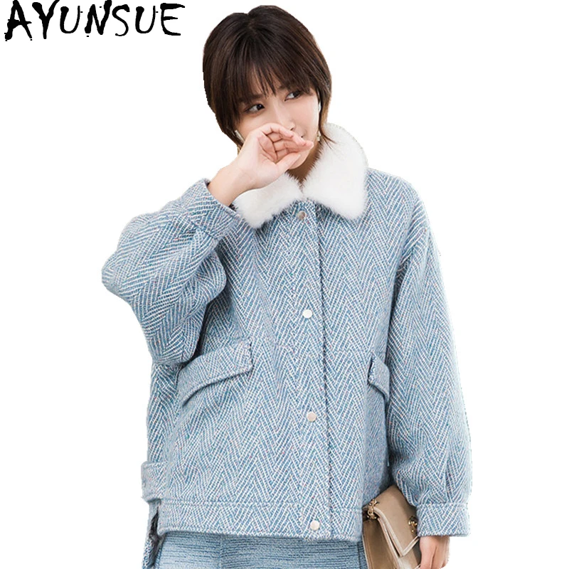 

AYUNSUE Natural Lamb Fur Liner Short Women's Fur Coat 2019 Winter Warm Woolen Tweed Jacket Real Mink Fur Collar 18617 WYQ1839