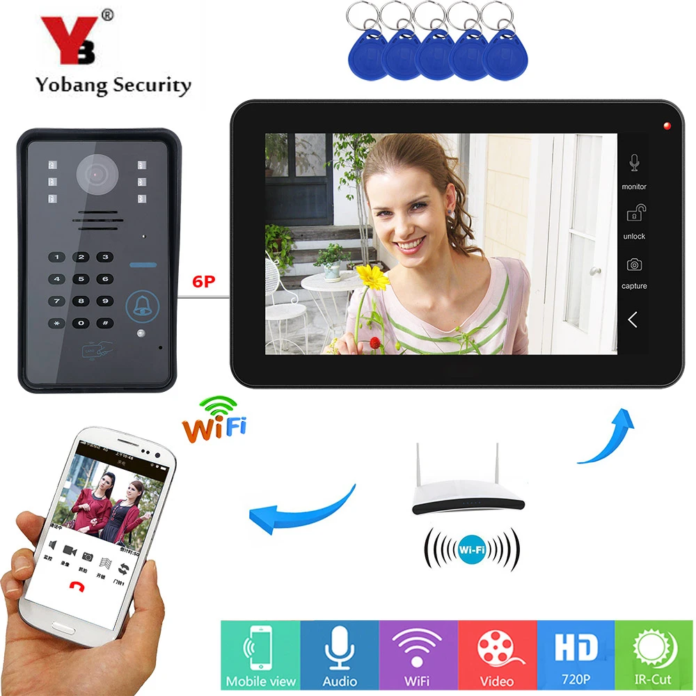 

Yobang Security 9" TFT LCD Smart Wired Wifi Video Intercom Doorbell Entry System With RFID Unlock Password Remote APP Unlocking