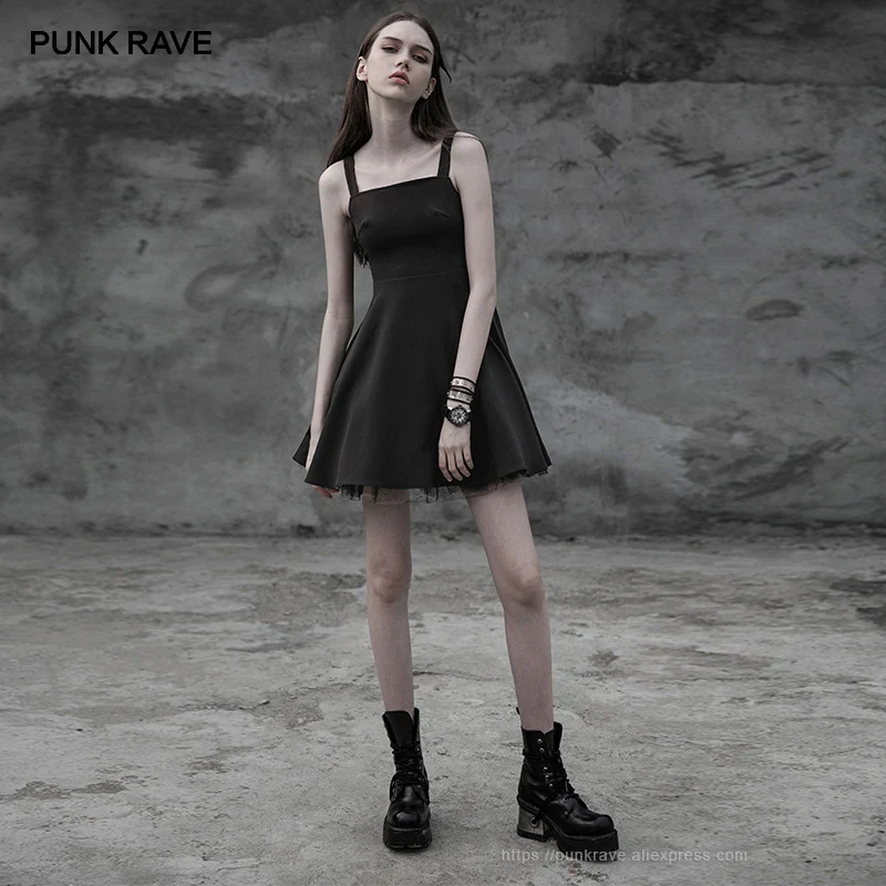 

PUNK RAVE New Gothic Women's Laced Back Cut-out Black Mini Dress Punk Tie Rope Design Condole Belt Chiffon Sexy Women Dress