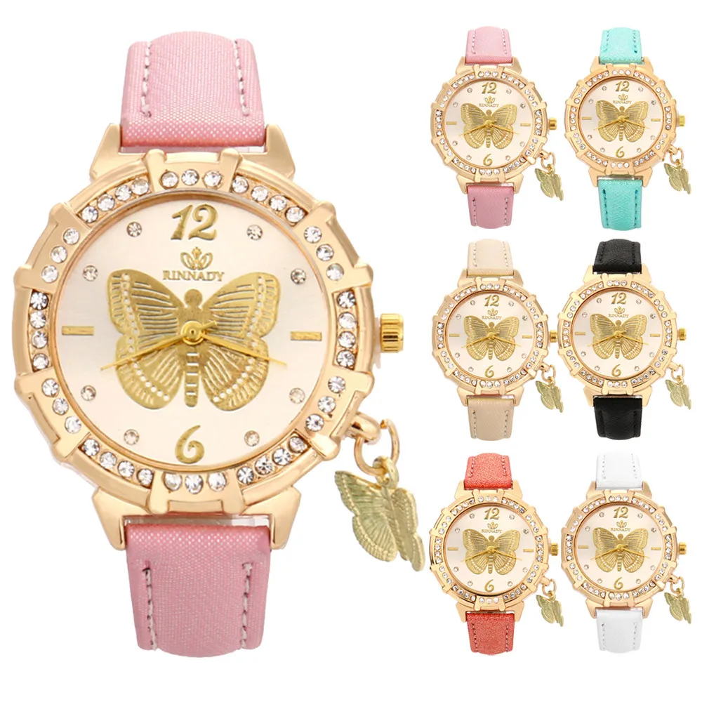 Женские часы Модный повседневный браслет с подвесками бабочки часы Relogio кожа аналоговые Кварцевые женские наручные часы Montre Femme# W