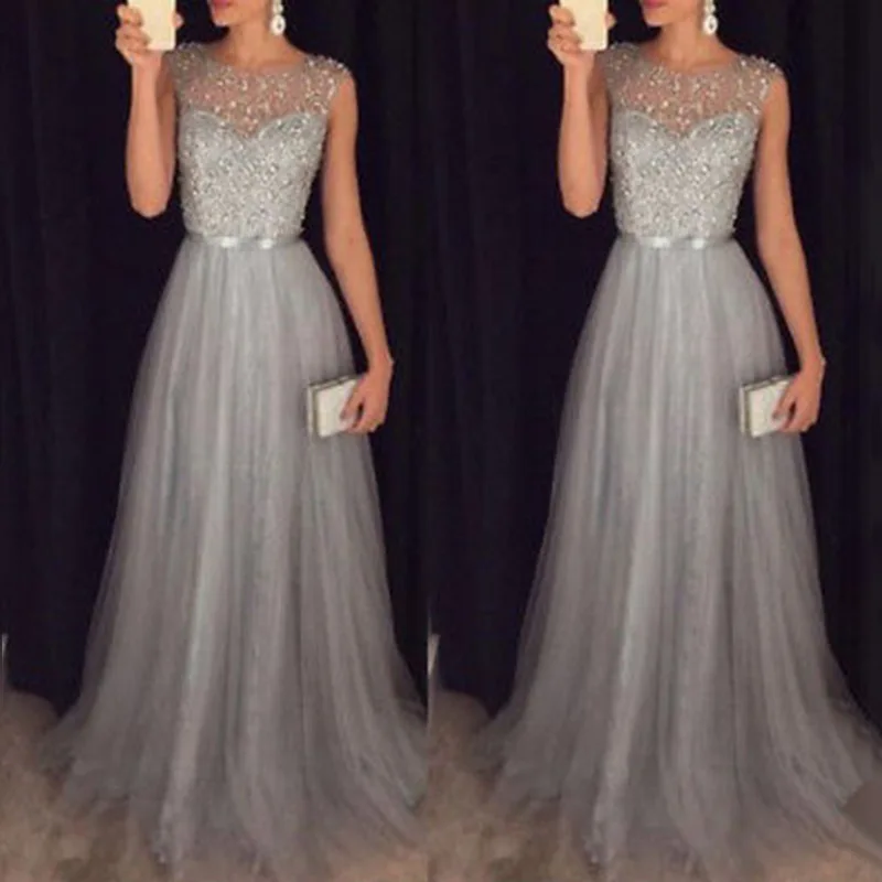 

Vestido Fiesta Largo Prom Dress 2019 New Elegant O Neck Sleeveless Sequined Long Wedding Party Gowns Vestido Lentejuelas Largo